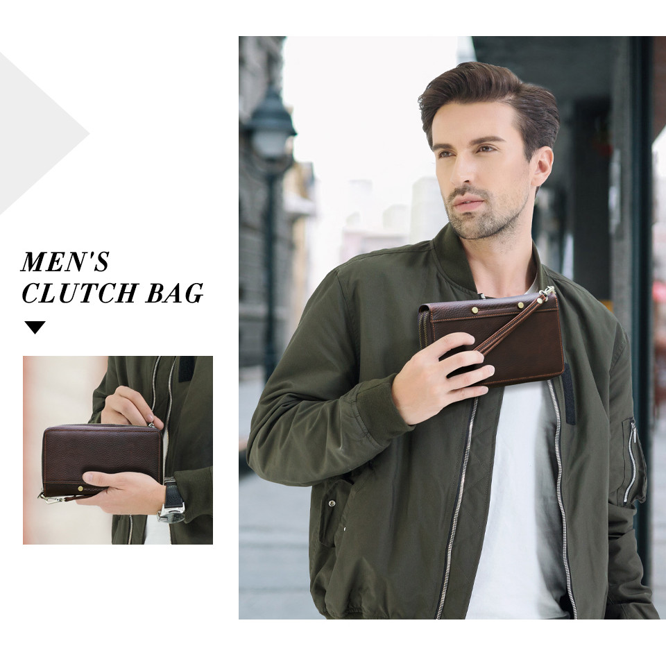 CONTACT'S Men Clutch Bag Genuine Leather Male Long Wallets Multi Card Holder Double Zipper Large Wal