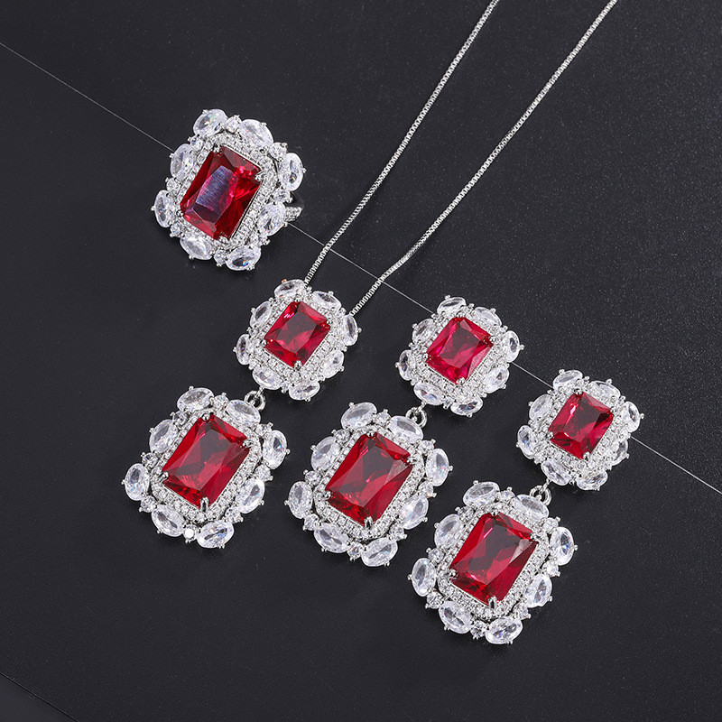 Set Aksesori Kalung Liontin Giok Merah untuk Wanita
