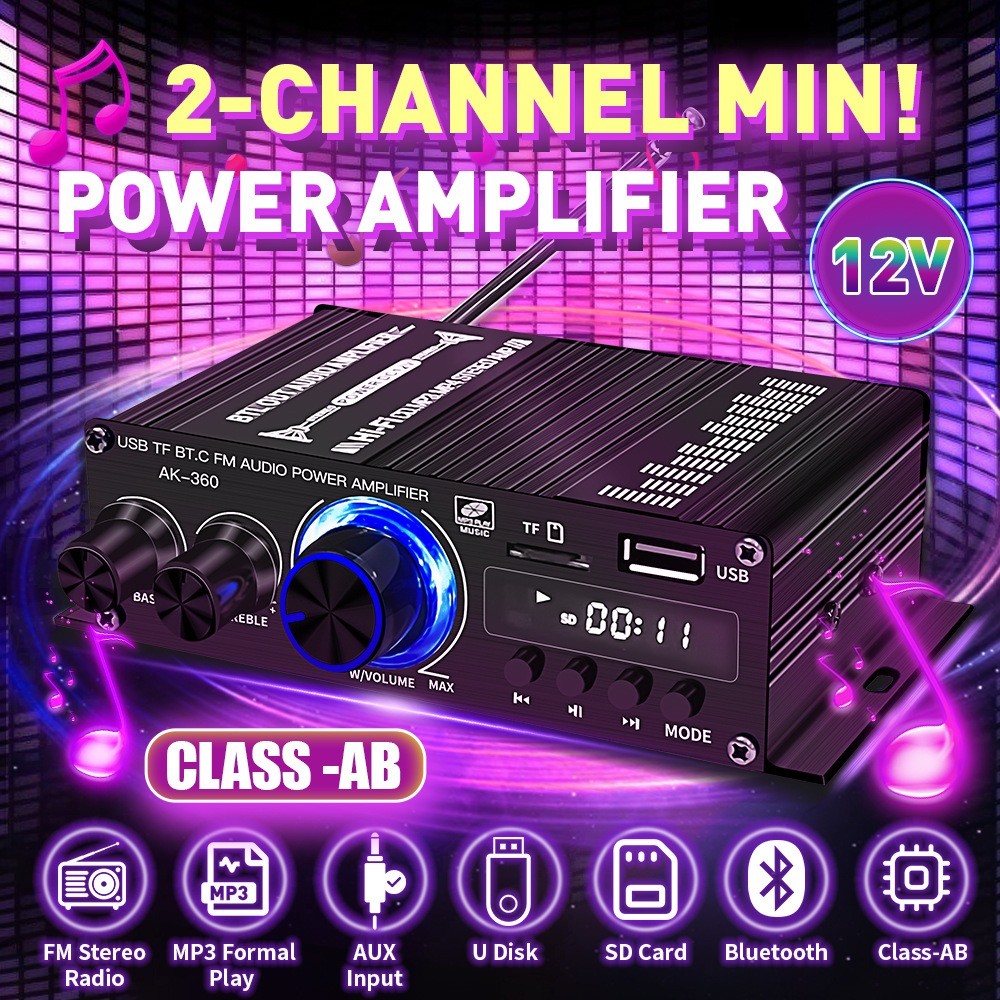 AK-360 Class AB HiFi Amplifier Bluetooth 5.0 Car Home Auo Power Amplifier 2.0 annel Mini AMP with Ba
