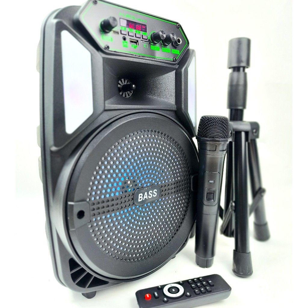 Speaker Bluetooth Portabel FLECO F-8606 LED RGB KF 8.5 Inch dengan Karaoke Wireless dan Mikrofon INc