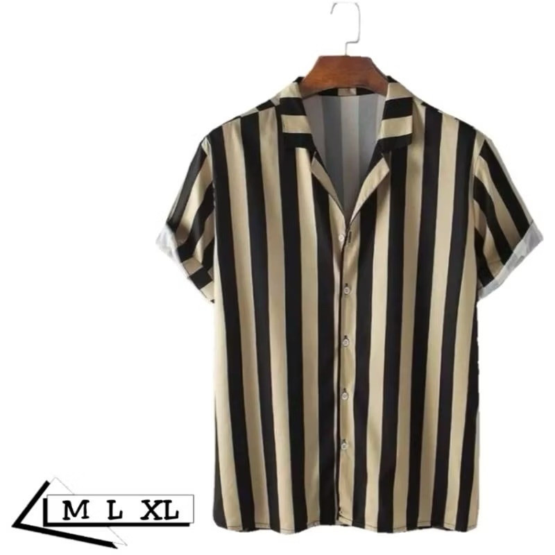 kemeja stripe hawai v-neck pria hem salur garis - garis terlaris kemeja pria lengan pendek premium S