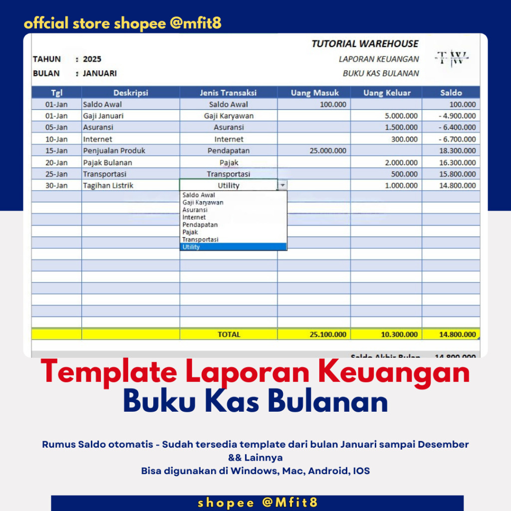 Template Excel GSheets Laporan Keuangan Buku Kas Bulanan
