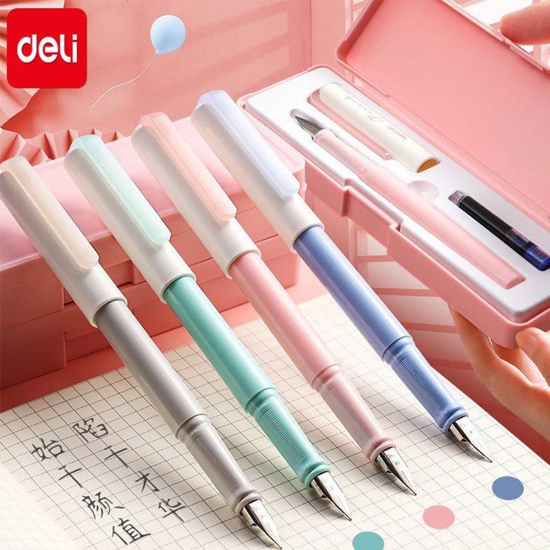 Deli Erasable Fountain Pen Set Kawaii Stationery 0.3mm Ink Sac Blue Black Sool Business Office Writi