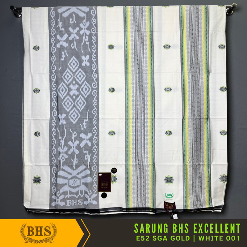 [White series] Sarung BHS Excellent Gold Motif E52 SGA Bahan Mercerized Cotton Kain Sarung Tenun Mus