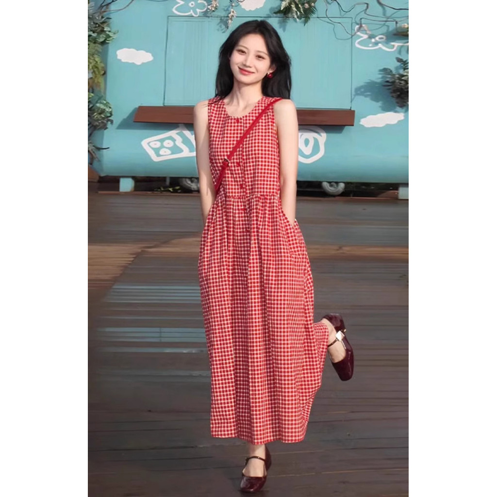 Cool Girl Kotak-Kotak Merah Gaun Kancing Gaya Prancis Gaya Baru Wanita 2025 Gaun Panjang Rompi Libur