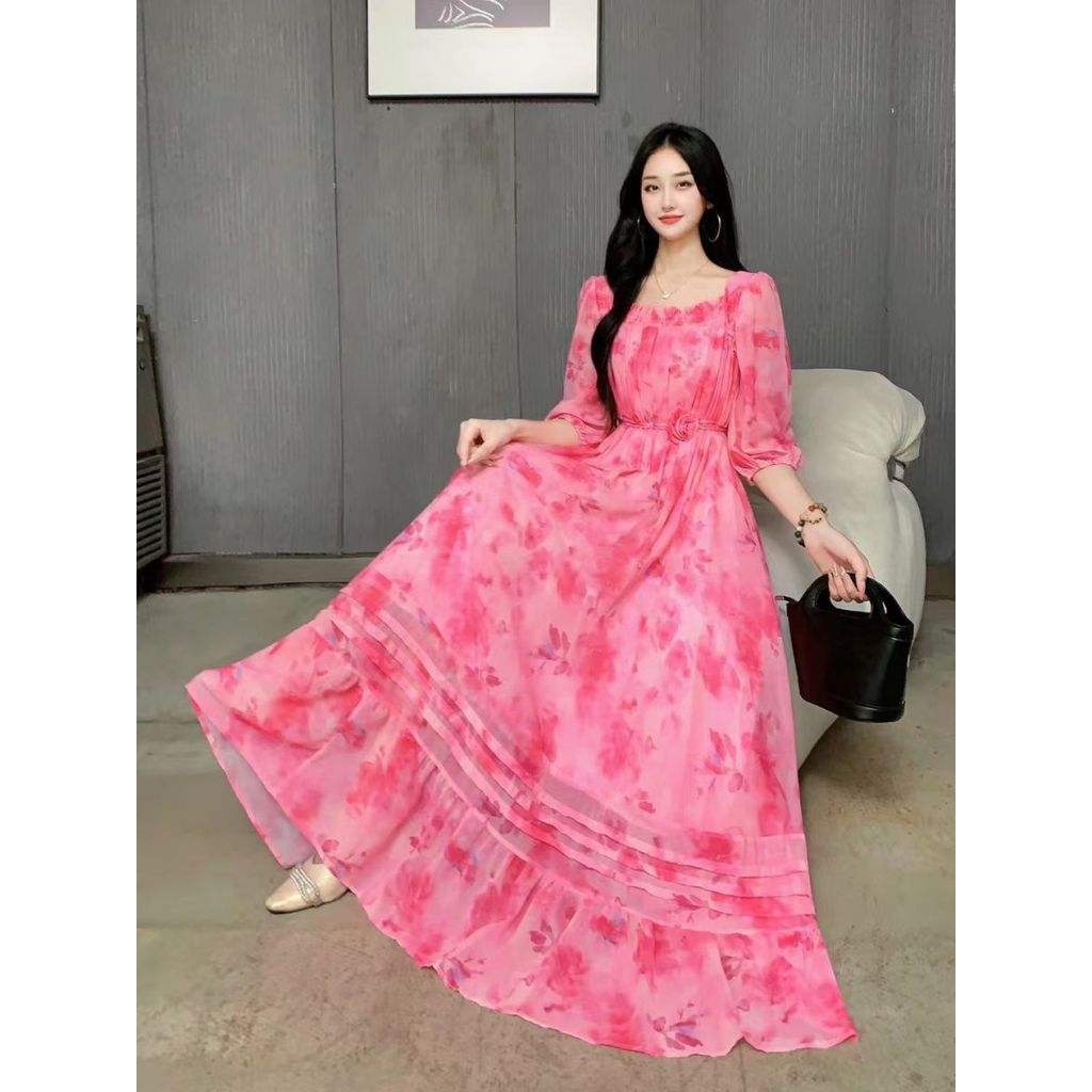 Dress musim panas kerah persegi dicetak gaun sifon