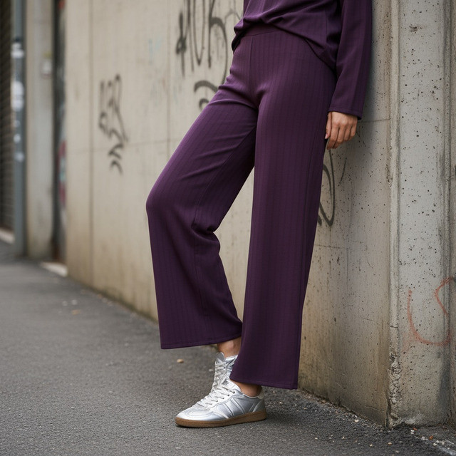 Max Fashions Celana Wanita Ribbed Wide Leg Pants - Purple Dark