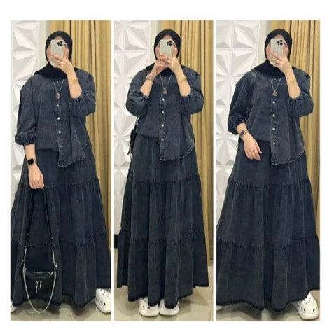 Libra~Luna Set Baju Stelan Rok Jeans Wanita Jumbo/ One Set Jeans Premium/Setelan Jeans Wanita Jumbo
