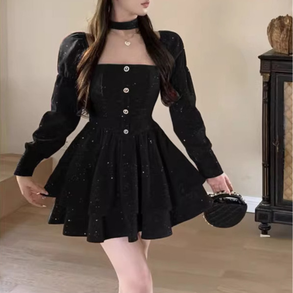 Emita bloom cute mini dress hitam polos halloween mewah elegan wanita kekinian casual dress korean s
