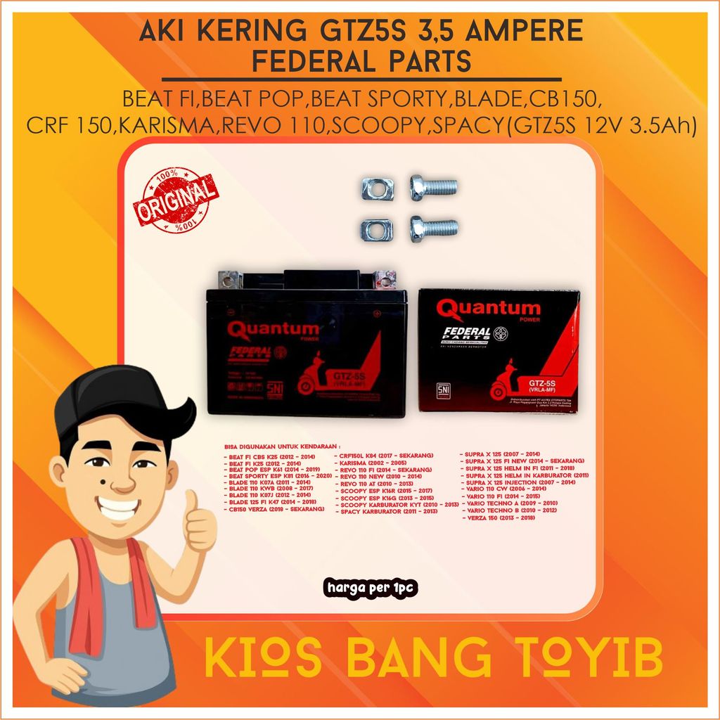 Aki Kering Federal QUANTUM GTZ-5S 12v 3.5aH Beat Scoopy Spacy Blade Karisma Revo Supra X125 MF ORI
