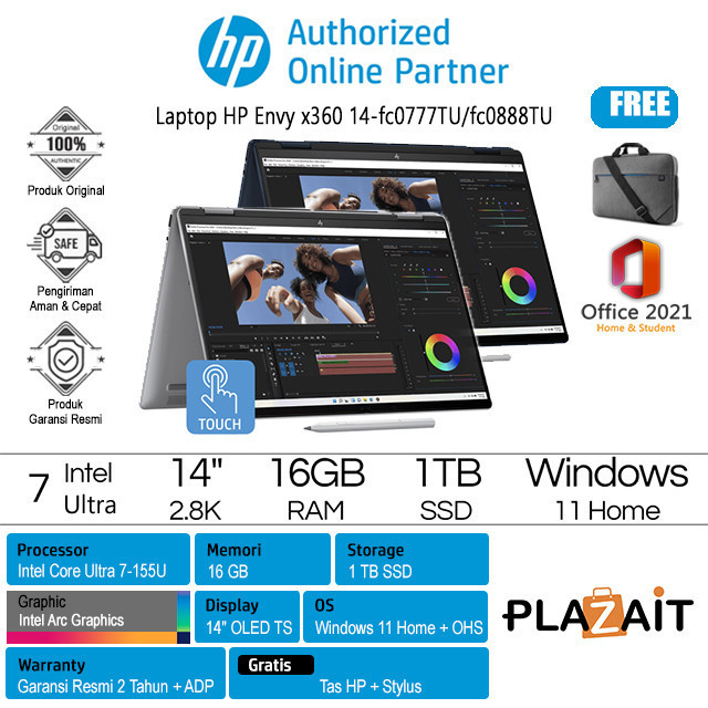 HP Laptop Envy x360 14-fc0777TU fc0888TU Core Ultra 7-155U 16GB 1TB SSD 14 2.8K Touch W11+OHS21