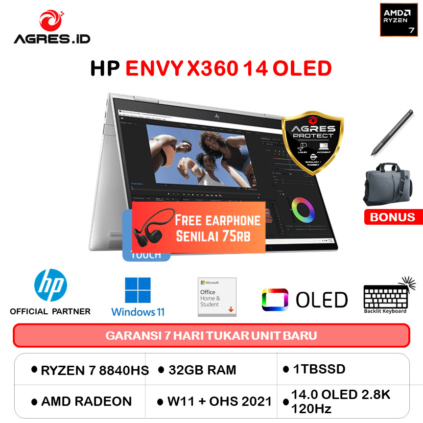 HP ENVY X360 14 OLED RYZEN 7 8840HS 32GB 1TB W11PRO+OHS 14.0 2.8K 120HZ BLIT PEN 2Y+ADP 2IN1 SLV -FA