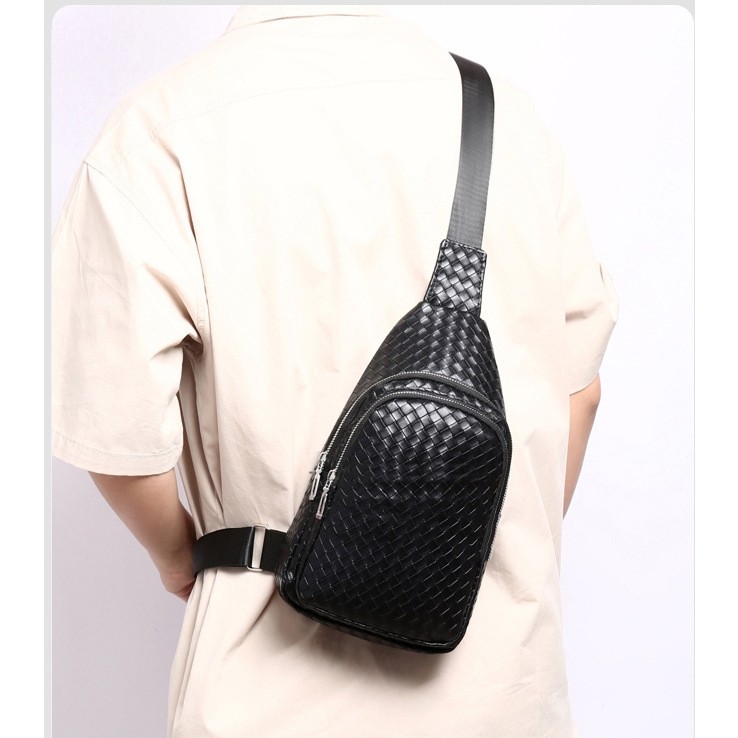 Tas Selempang Kulit Cowok Motif Anyaman Embos Tas Bahu Slingbag Cowok Tas Kerja Tas Hp