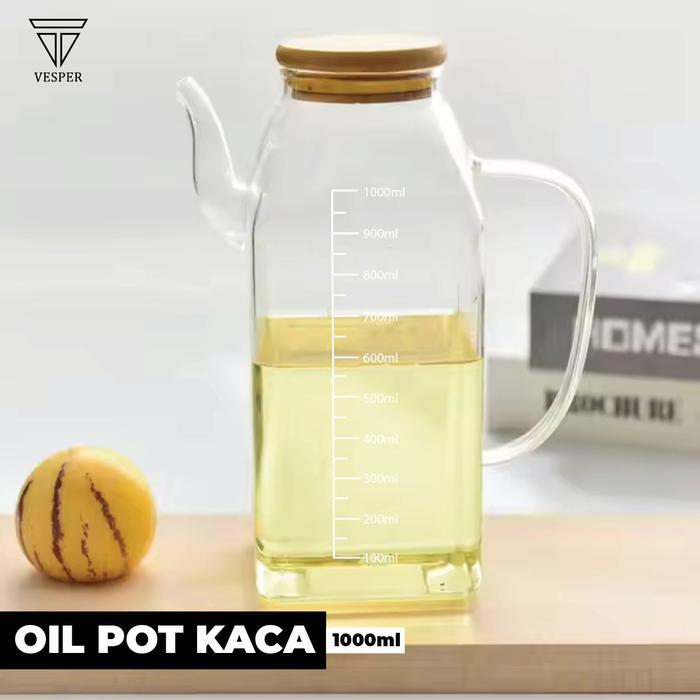 oil pot kaca tutup kayu 1L borosilicate glass / tempat botol minyak kaca 1liter - OILPOT1L-WHITE