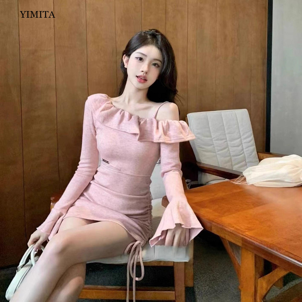 YIMITA baju dress pink pesta wanita korean style kekinian lengan panjang lucu princess dress elegan 