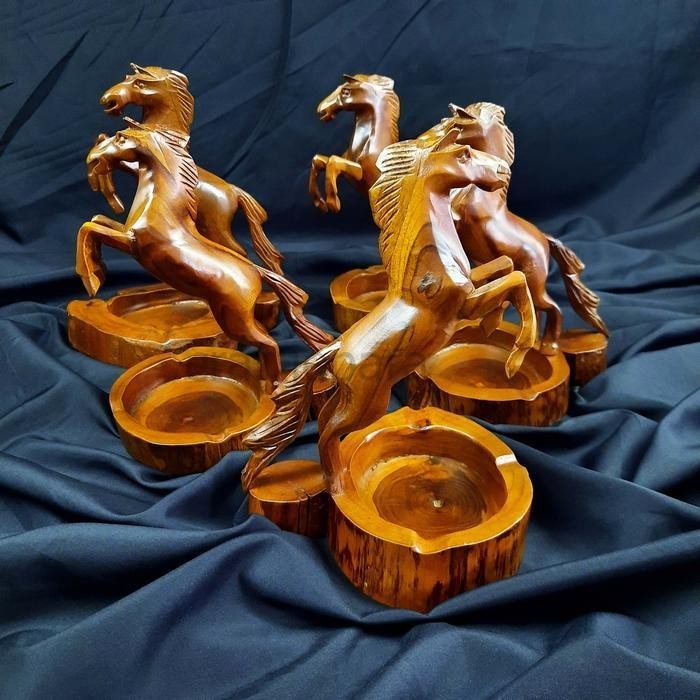 Asbak Model Miniatur Kuda Ukir Pahat Kayu Jati Asli Tua Unik CJ4354 JM