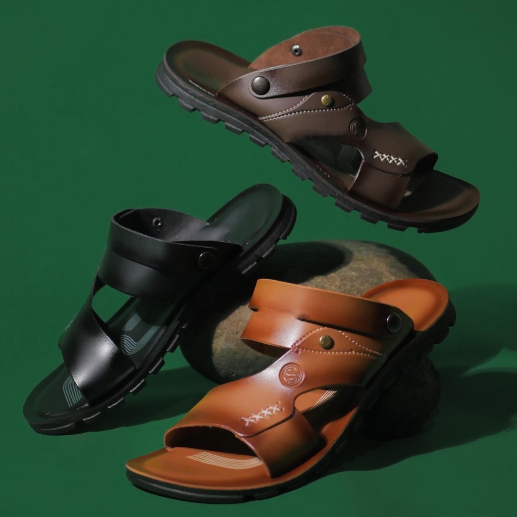 Sandal Pria Kulit Asli Impor Slip On Trendy Terbaru Model Open TOP