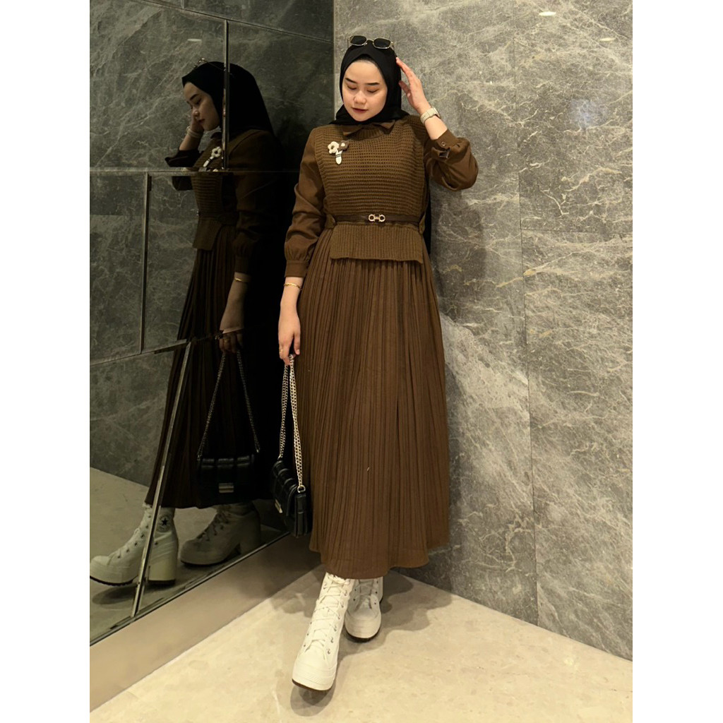 DISKON CUCI GUDANG - dres coduroy bkk sonia model plisket rompi tali pinggang bros bunga lepas pasan