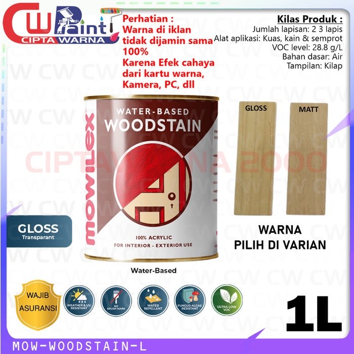 Mowilex Woodstain Clear Finish Cat Pelapis Kayu Gloss Matt 1 Liter - B5 CWS