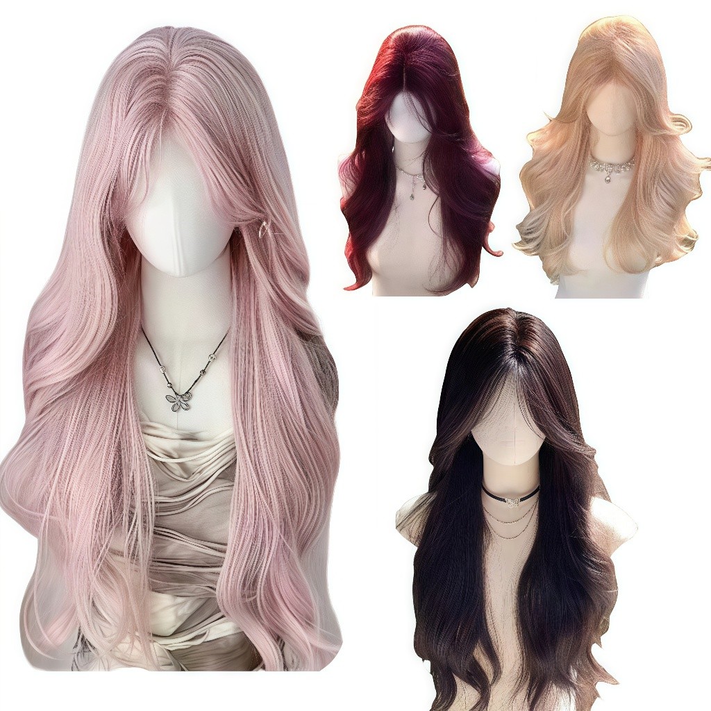 (Morenca) Wig wanita full kepala wig rambut panjang curly wig panjang raspberry merah 60cm rambut pa