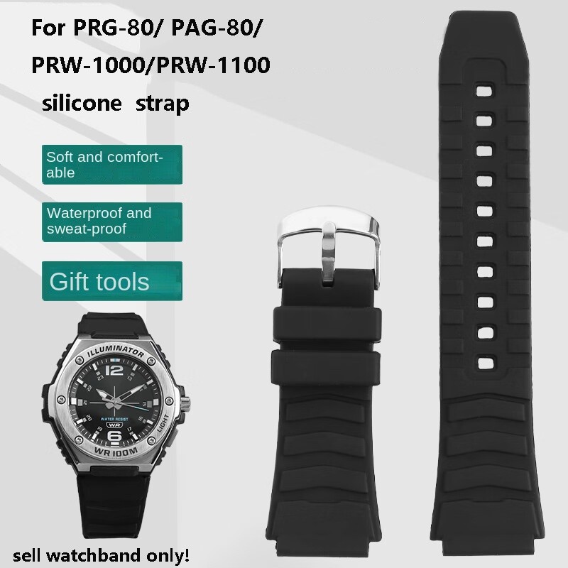 For Casio Wat Strap PRG-80/PAG-80/PRW-1000/PRW-1100 Series Raised Silicone Wat Strap Black 25-20mm