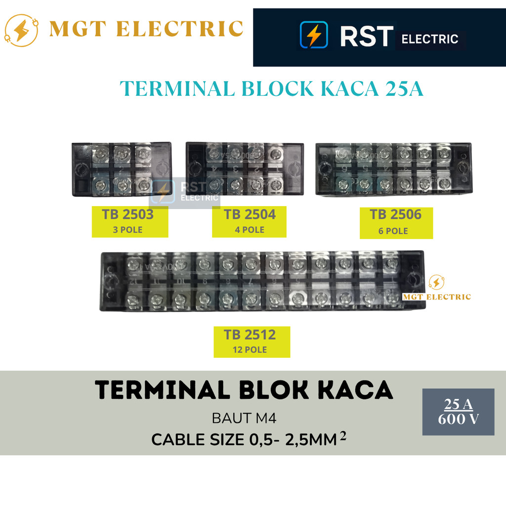 Terminal Block Glass 25A / Terminal Blok Kaca Kabel Panel Mounted 25A