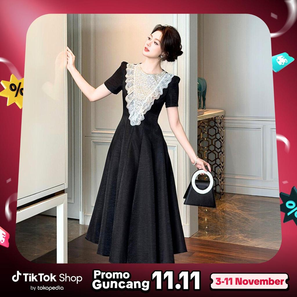 FOLADY - P693 Dress Midi Wanita Import Lengan Pendek Hiasan Manik Mewah Elegant Ala Korea Style Baha