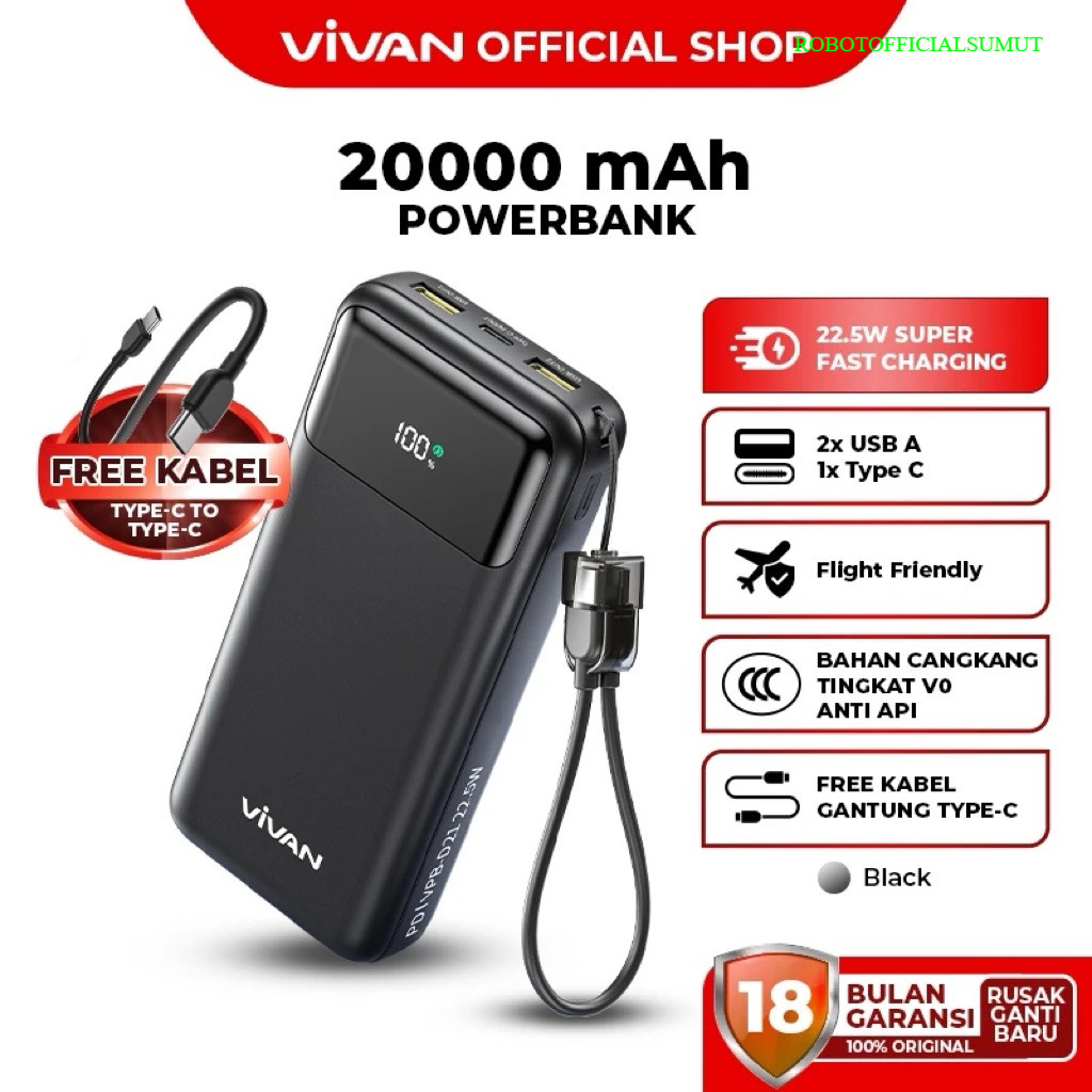 [ SERTIFIKASI CCC ] Vivan Powerbank 10000mAh 20000mAh Fast Charging PD 22.5W 5A Built-in Cable LED D