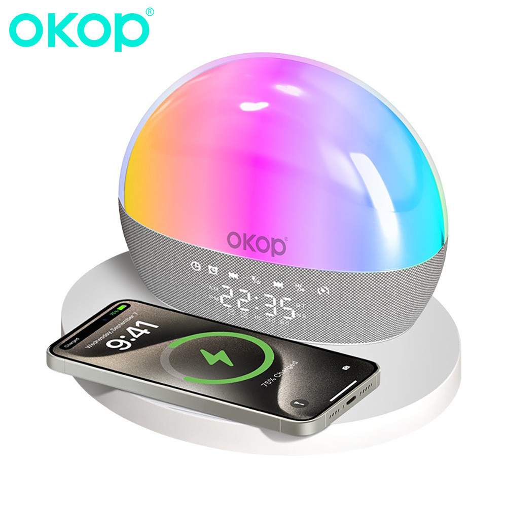 OKOP Desktop Bluetooth Speaker 15W Wireless Charging Alarm Clock Timer RGB Atmosphere Light White No