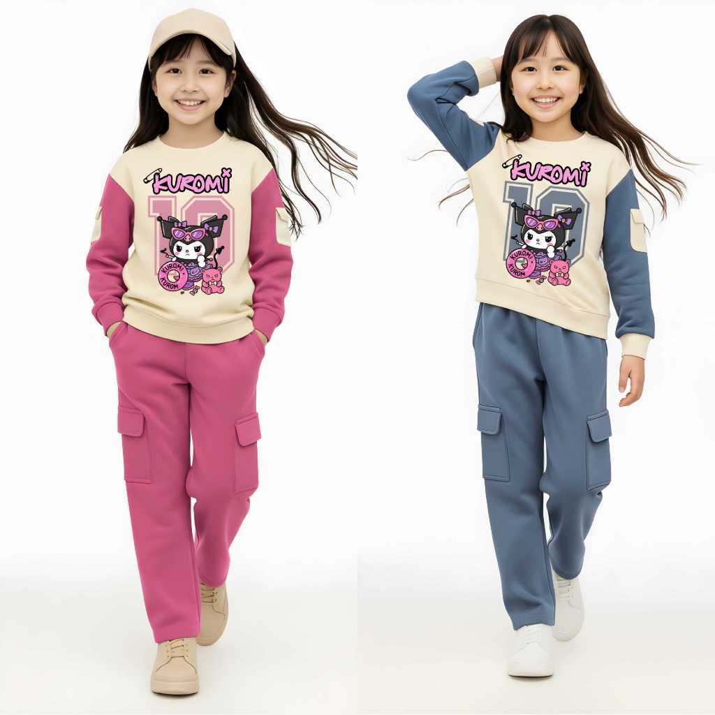 Setelan Kekinian Anak Perempuan Kuromi Pelampung 10 Set CrewNeck Celana Cargo Panjang Usia 3-12 Tahu
