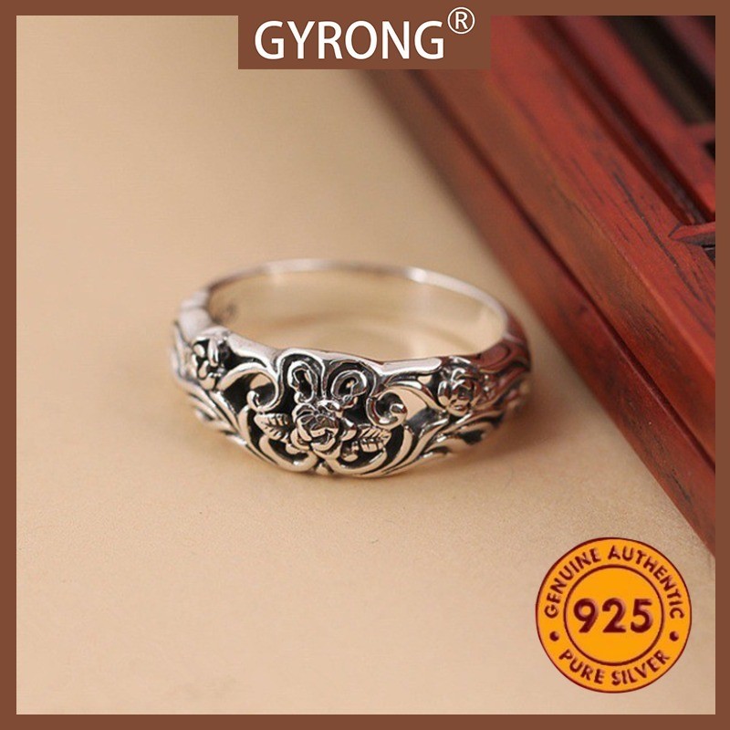 GYRONG Cincin Bunga Mawar Hitam Perak Thailand Vintage Elegan