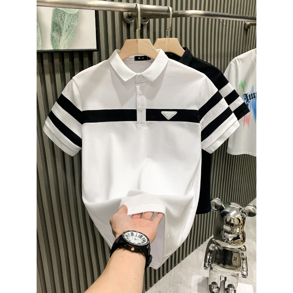 Lapel Bergaris Hitam dan Putih Baru T Baju Kaos Pria