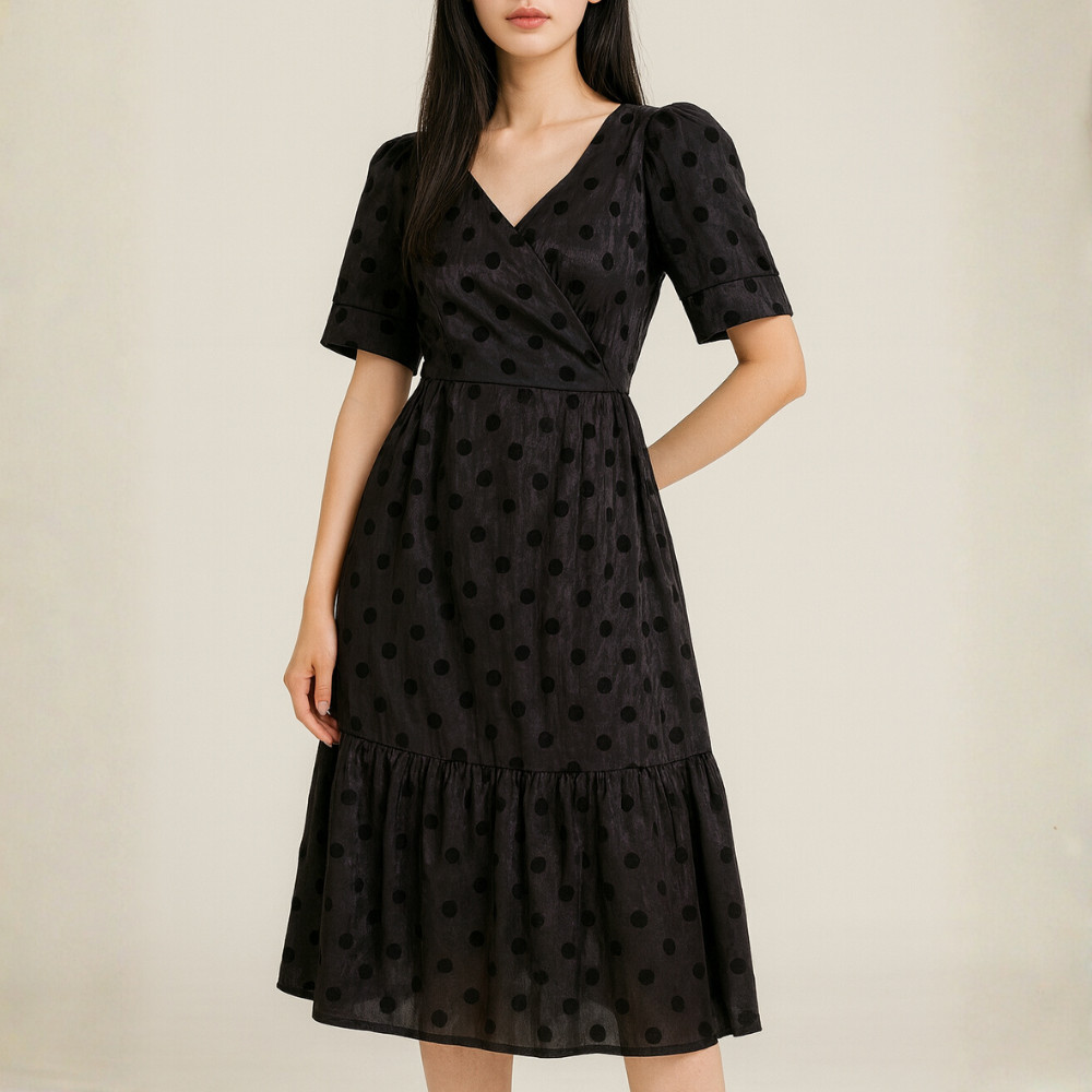 LUNORA - Mori Dot Midi Dress Hitam Elegan Wanita Lengan Puff Polkadot V Neck Flow Midi Dress Casual 