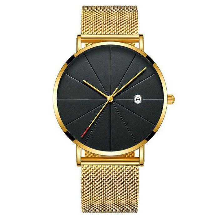 Jam Tangan Quartz Analog Ultra Tipis Strap Stainless Steel untuk Pria Wanita Strap Pasir - Gold