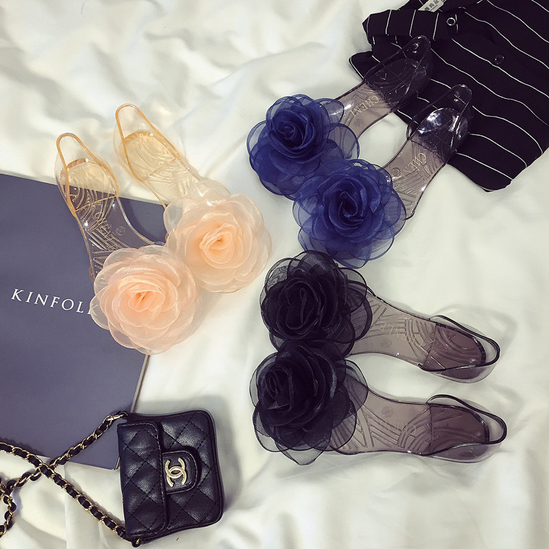 Sandal Bunga Mawar Sepatu Datar Musim Jelly Transparan Sepatu Peep-Toe