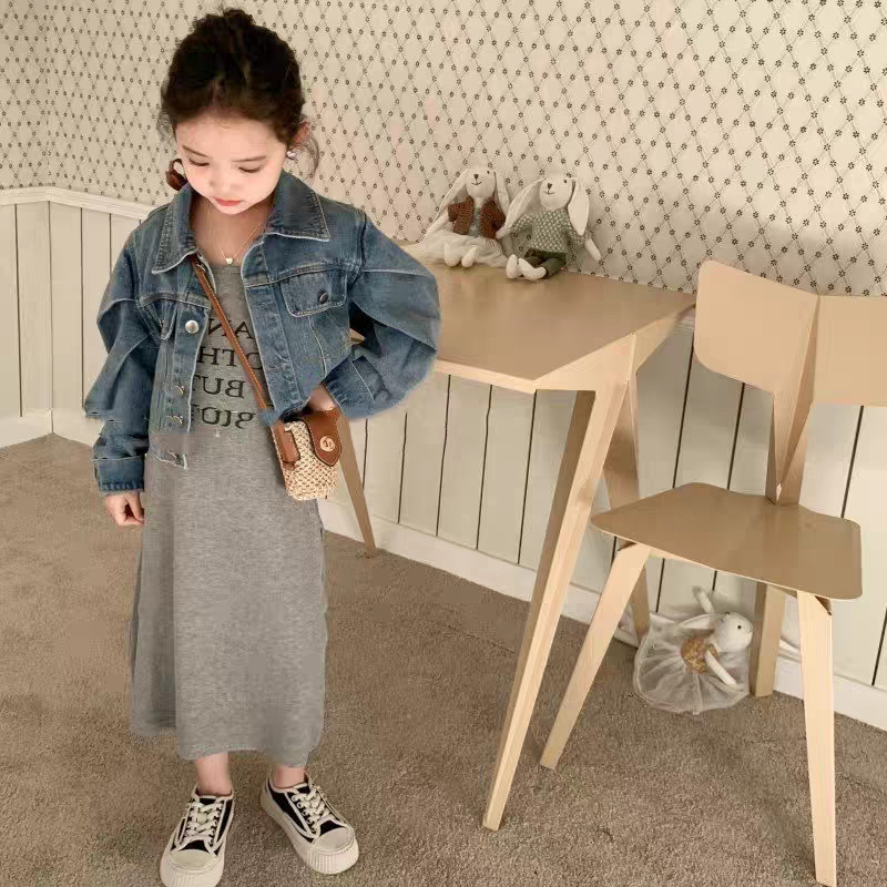 CLEARSHOP Korea Style Setelan Anak Perempuan Atasan Jaket Jeans Lengan Panjang+Dress Panjang Bahan K