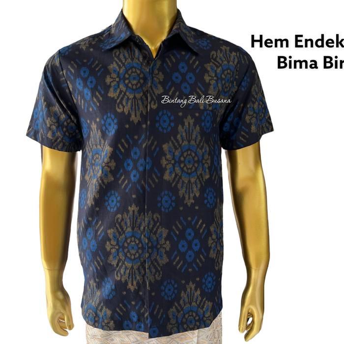 Kemeja endek bali motif bima biru lengan pendek bahan katun - Biru, M