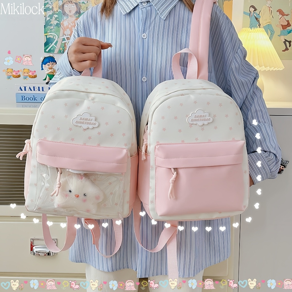 (Linvera) Mikilock Tas Sekolah Pink Tas Ransel Mini Wanita Lucu Ransel Pelajar Tas Sekolah Anak Tas 