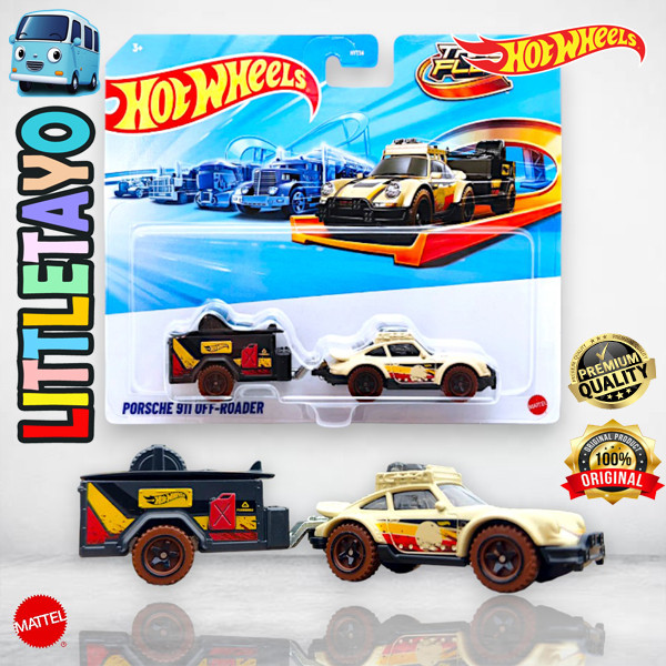 Hot Wheels Track Fleet Porsche 911 Off Roader Cream Diecast Truck Derek Transport Trailer Hauler