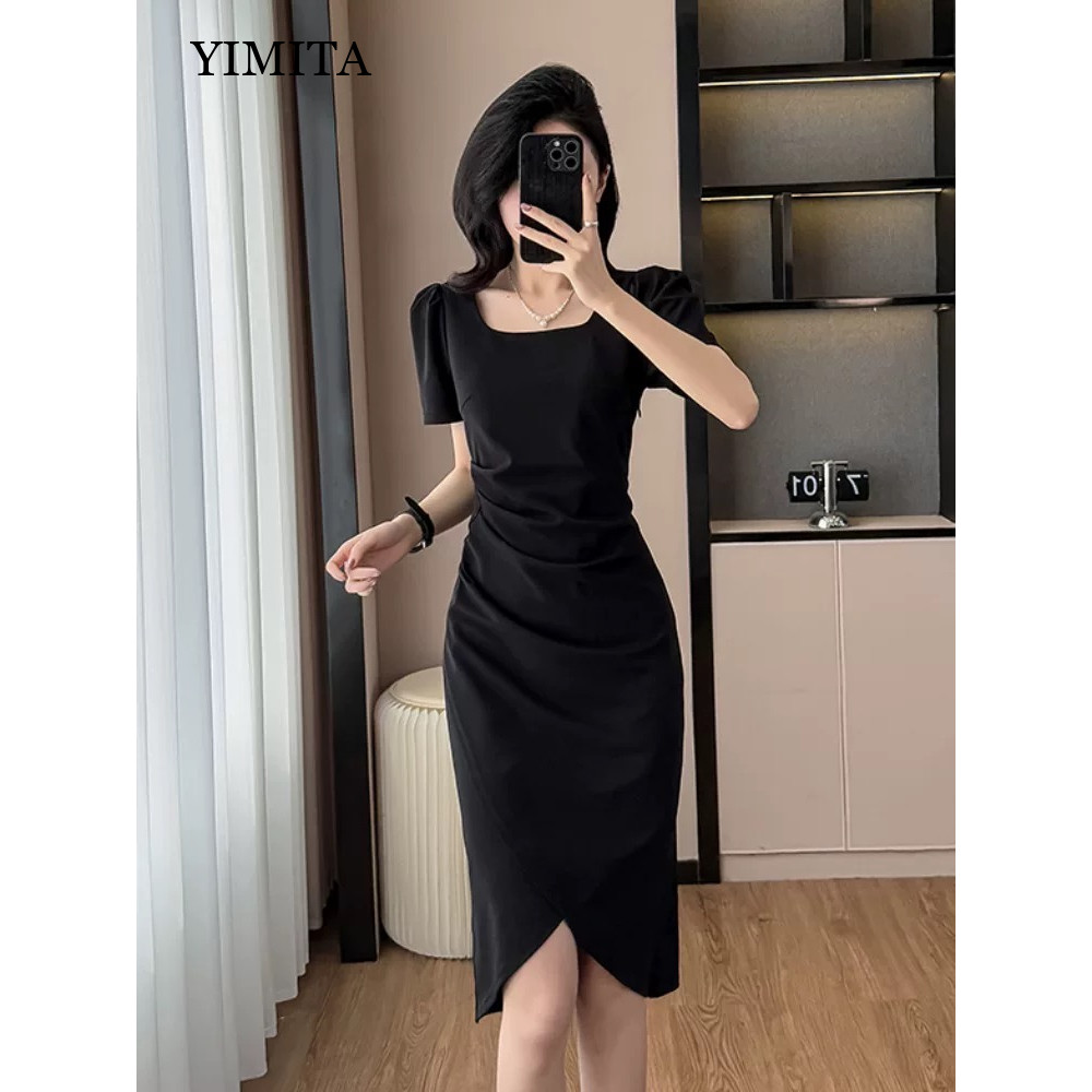 YIMITA baju dress hitam polos panjang mewah elegan long dress lengan pendek wanita kekinian casual d