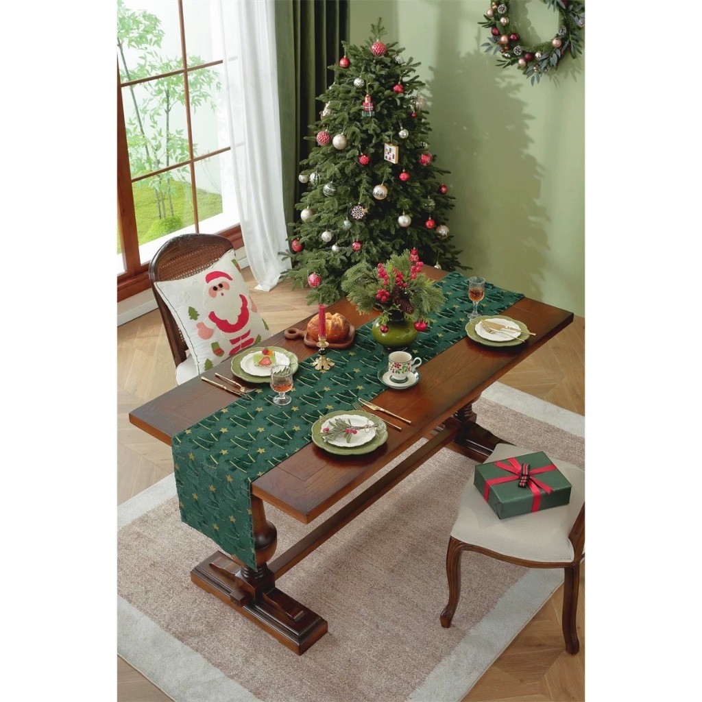 PROMOTable Runner Christmas Hijau – Taplak Meja Pohon Natal Dekorasi Ruang Tamu & MakanREADY