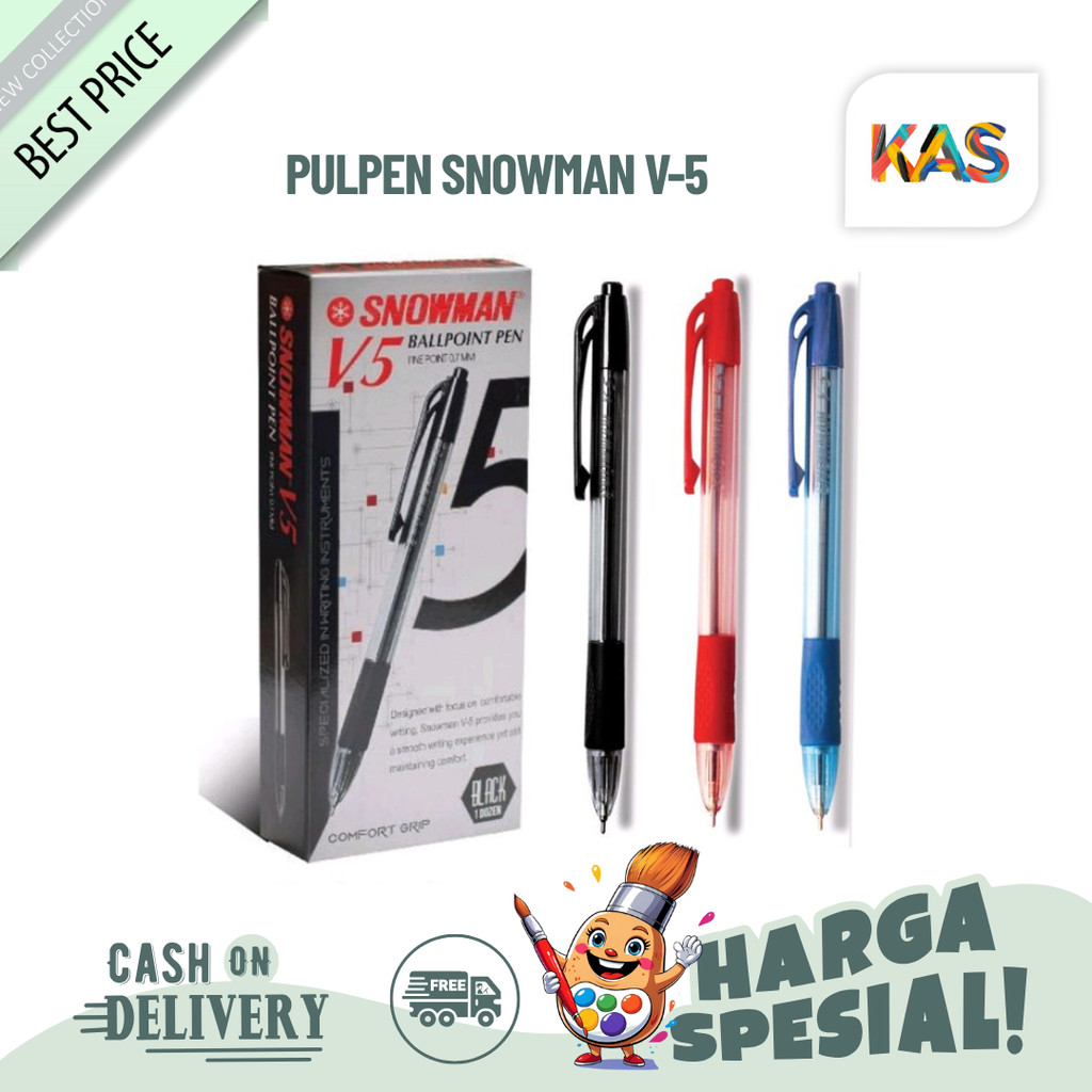 Pulpen Snowman V-5 Warna Biru Hitam Merah / Snowman Pulpen V5 - Lusinan