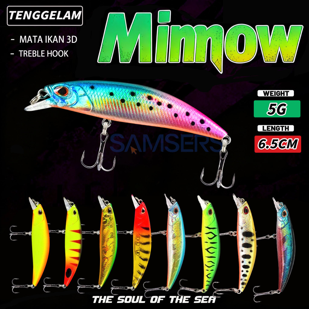 6.5cm/5g Umpan Sinking Minnow Mata Ikan 3D  Slow Sinking 11 Warna Fishing Bait Set Tackle Lure For F