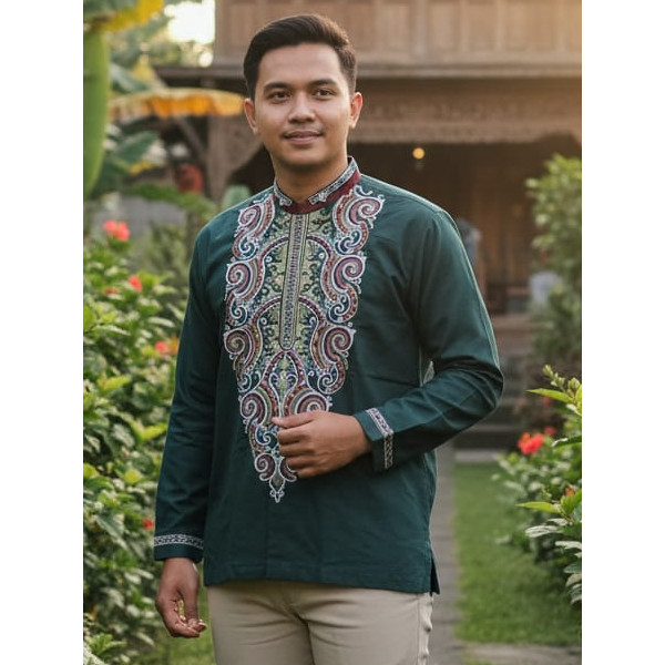 MOERBA (BONUS DUS) Baju Koko Pria Lengan Panjang Bordir Badan Warna Hijau Tosca 07 Bahan Filafil L X
