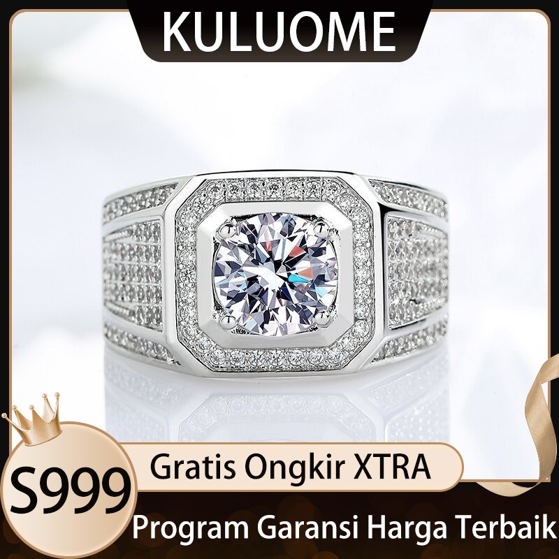 KULUOME Cincin Pria Berlian Simulasi Tinggi Karbon Tinggi Klasik Imitasi Moissanite Emas Putih Cinci
