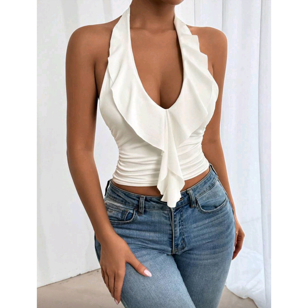 Women's Summer Solid Color Splice Ruffle Trim Slim-fit Halter Neck Tank Top