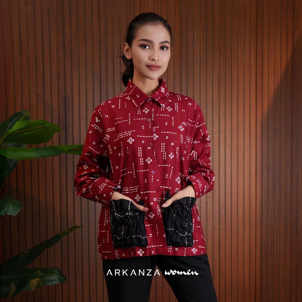 ARKANZA WOMEN Kemeja Batik Cap Oversize Melati Merah Atasan Wanita Katun Modern Lengan Panjang