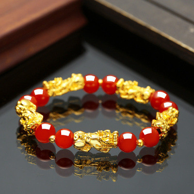 Gelang Kasual Wanita Garnet Merah Anggur Pixiu Berlapis Emas