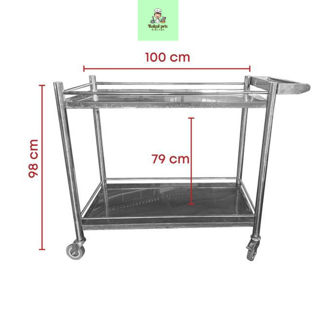 Trolley 2 Susun Bahan Stainless  / Troli Servis Dapur Hotel Restoran – Kuat & Anti Karat
