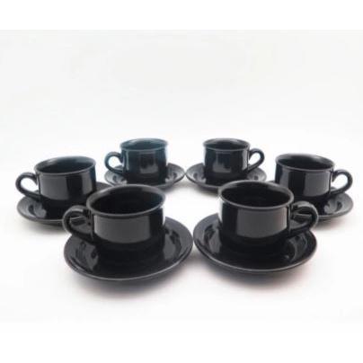 Cangkir Keramik Garis Emas 6 Pcs Set dengan Tatakan, 3 Pilihan Warna Elegan (Putih, Hitam), Food Gra